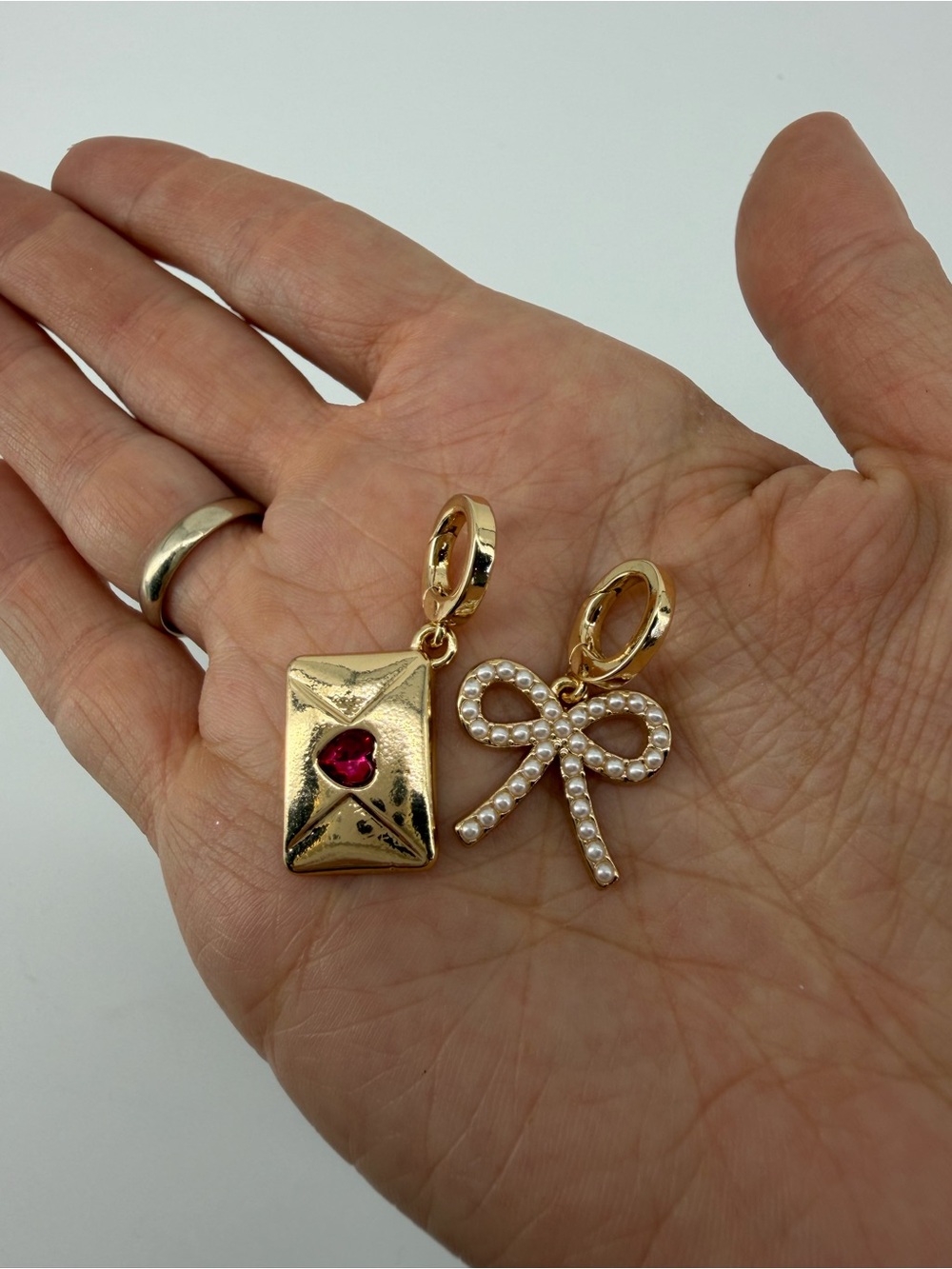 Gold Bow Pearl & Love Letter Heart Envelope Charm Pendant Set Coquette Y2K